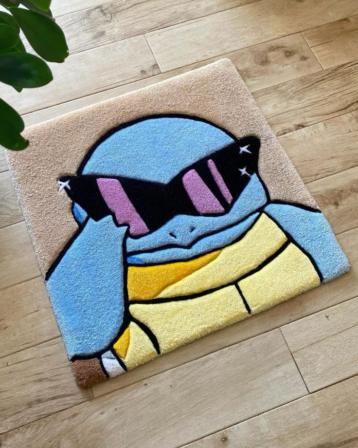 Colorful cartoon-style handmade rug with blue, black, purple, and yellow design