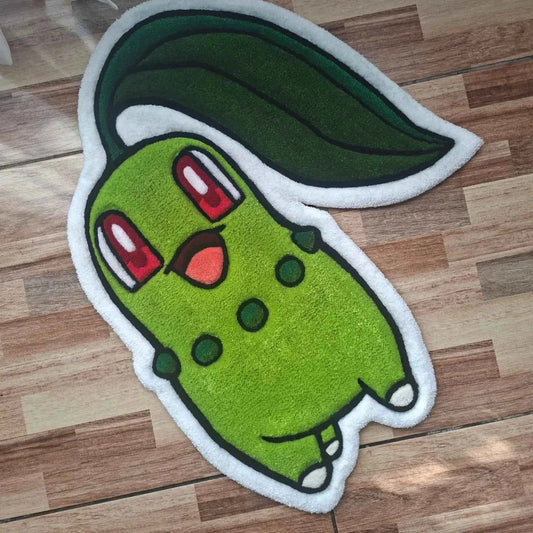 Chikorita character rug, lime green plush with red eyes and white border, 80x80 cm
