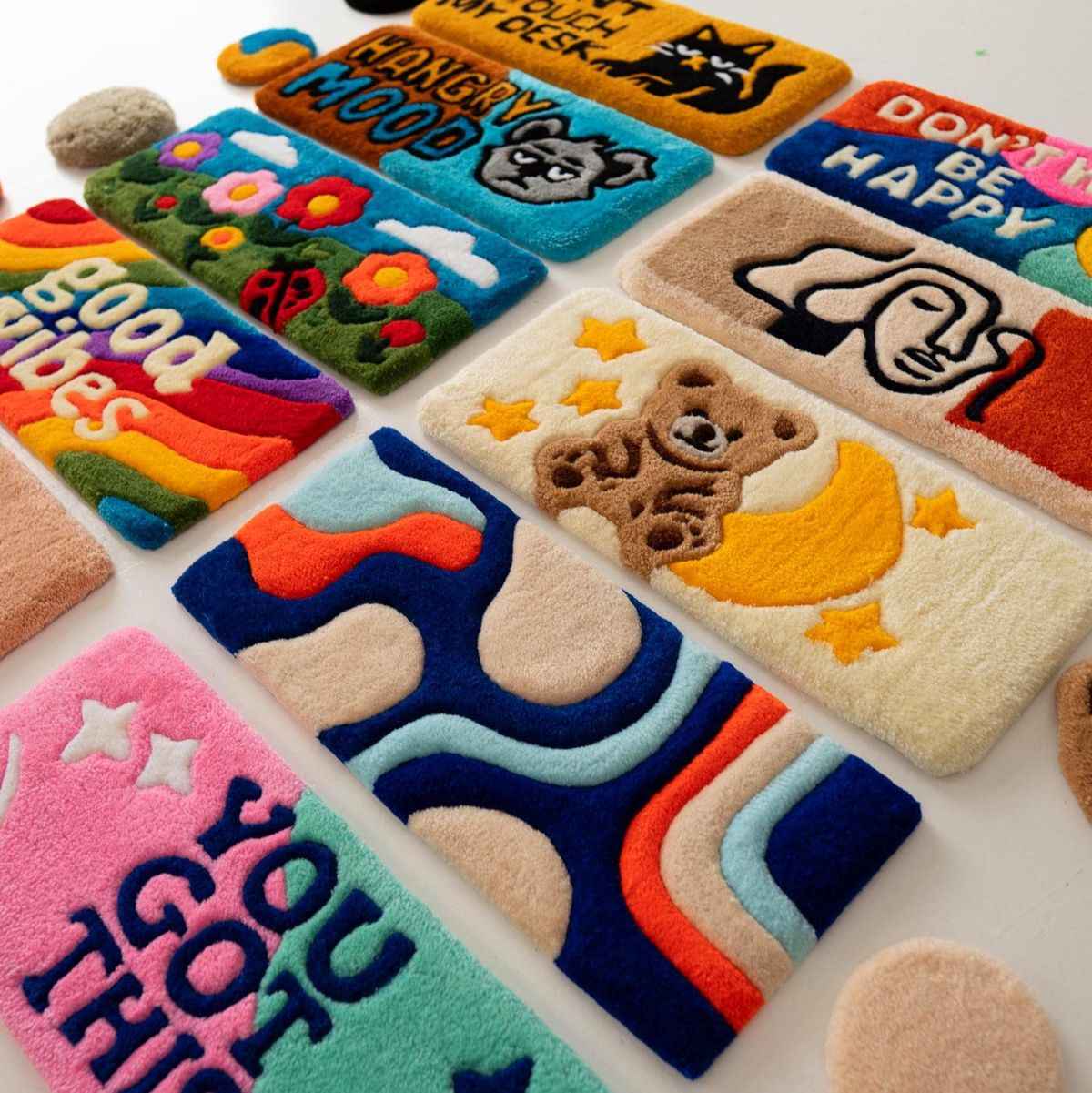 Custom keyboard rug set with colorful letter and character designs