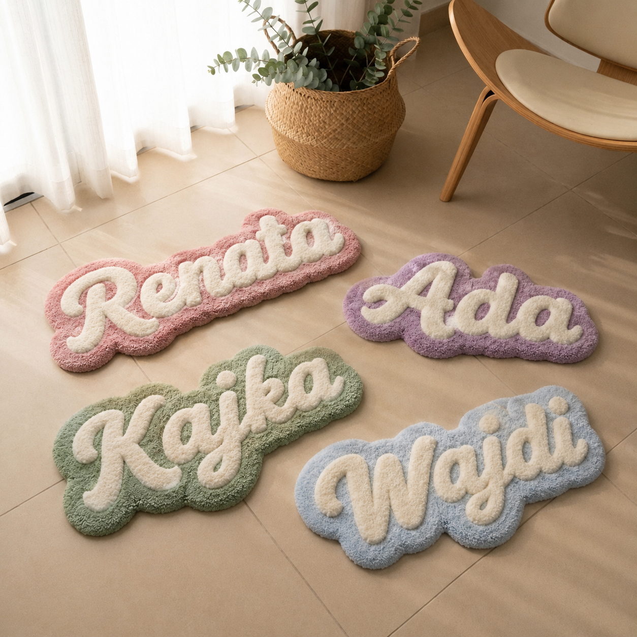Handmade personalized name rug with stitched letters, pastel pink, purple, green, and blue