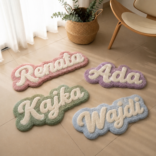 Handmade personalized name rug with stitched letters, pastel pink, purple, green, and blue