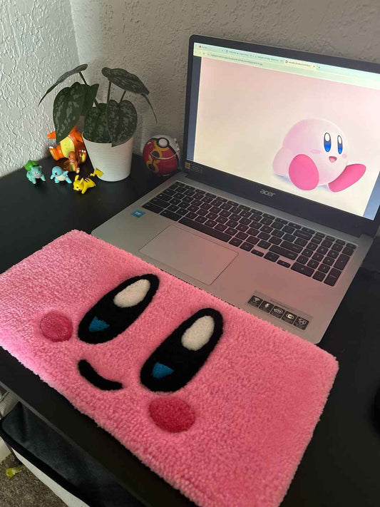 Cute Pink Kirby Tufted Rug | Handmade Anime Desk Mat & Keyboard Wrist Rest | Kawaii Gamer Room Decor Gift