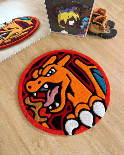 Round handmade Charizard area rug, orange dragon head with white paw shapes
