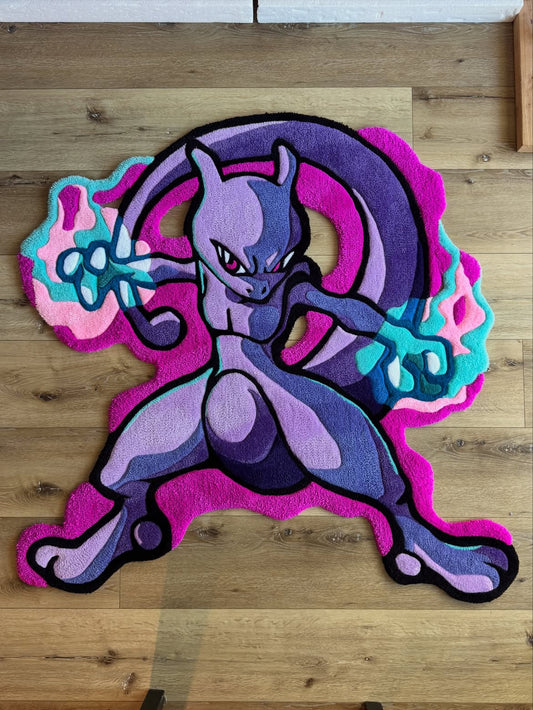 Handmade oversize area rug featuring full Mewtwo pose in purple, blue, and teal